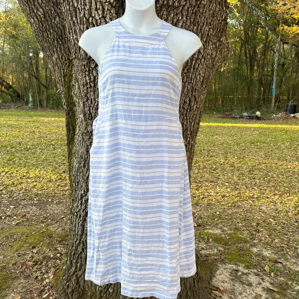 SIGRID OLSEN LIGHT BLUE STRIPED LINEN MIDI DRESS LARGE SLEEVELESS POCKETS!